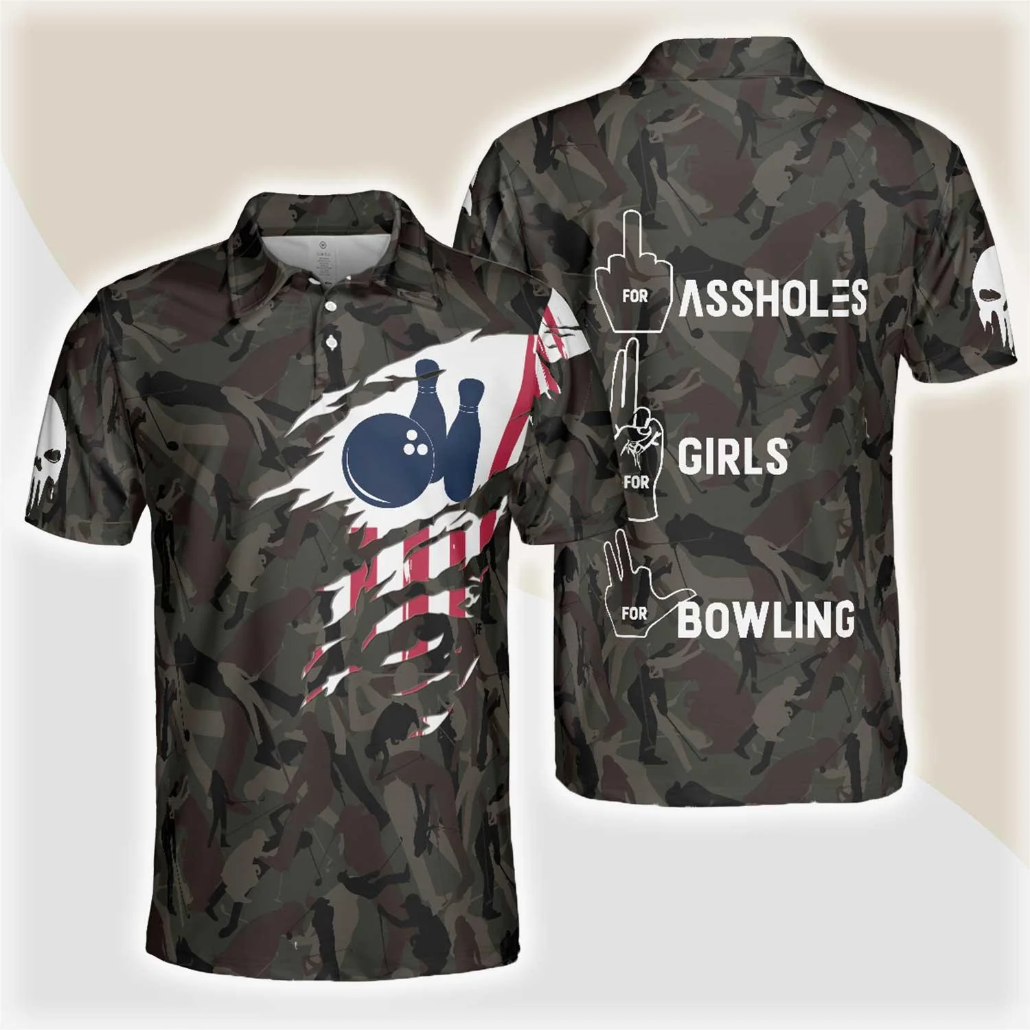 Bowling Men Polo Shirt - Hand Instruction American Flag Camouflage Bowling Polo Shirt - Gift For Friend, Family, Bowling Lovers