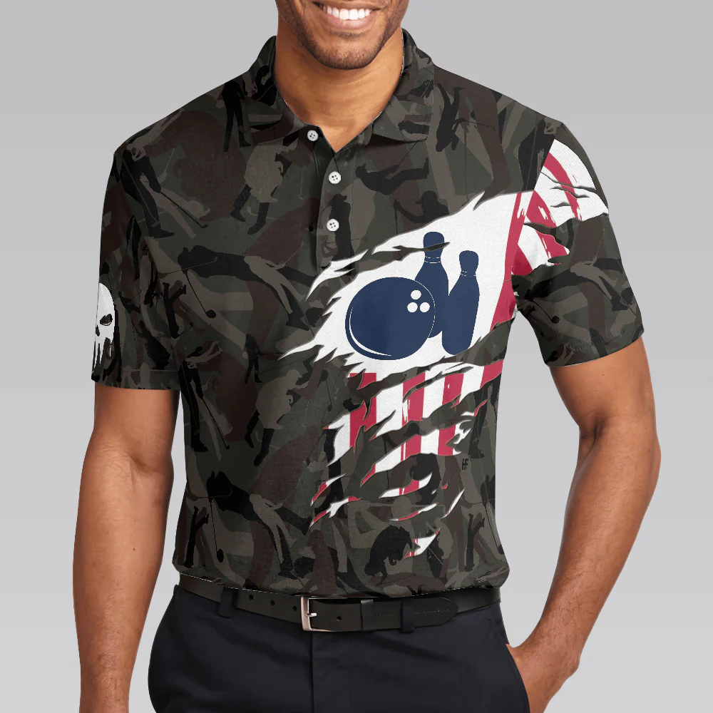 Bowling Men Polo Shirt - Hand Instruction American Flag Camouflage Bowling Polo Shirt - Gift For Friend, Family, Bowling Lovers - Image 5