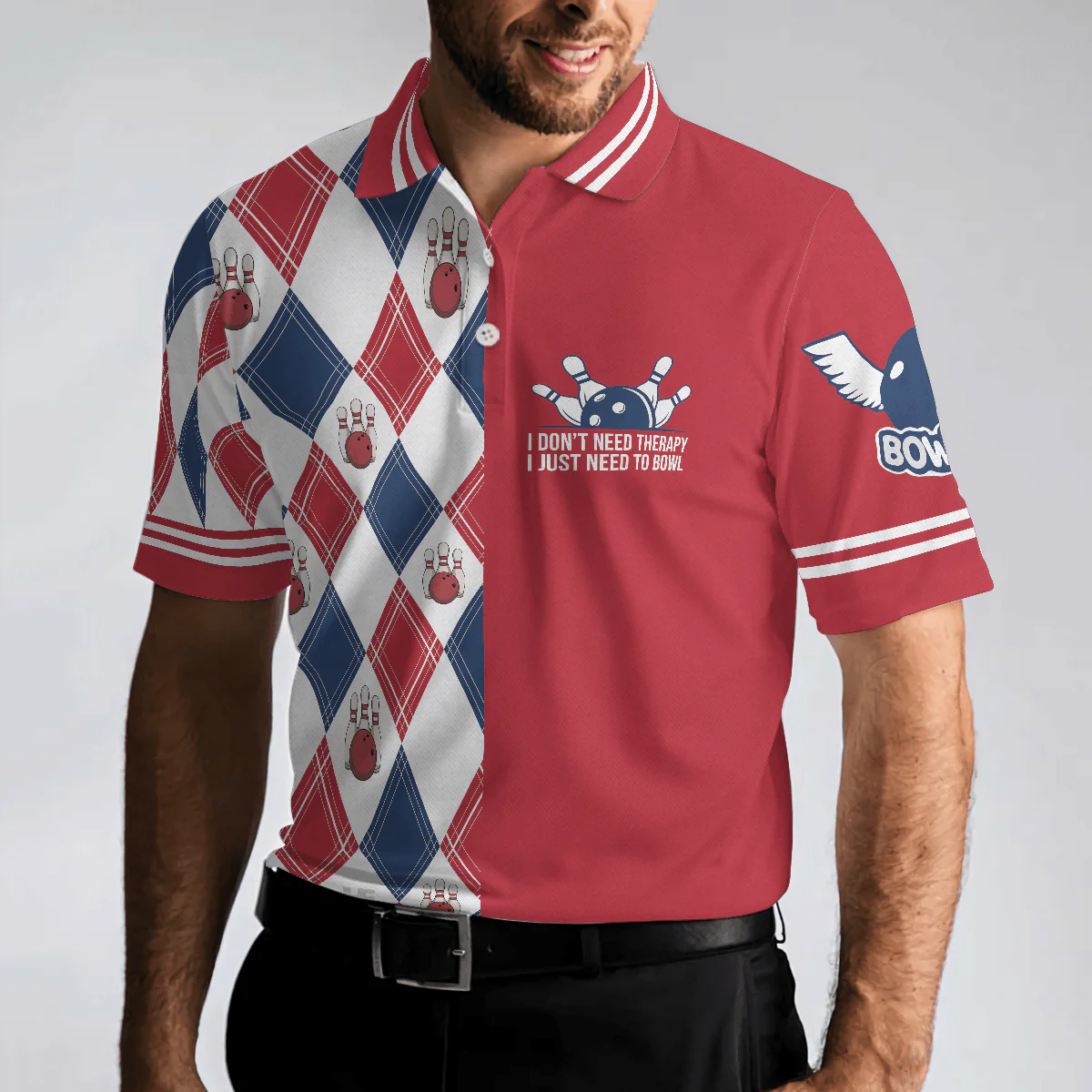 Bowling Men Polo Shirt - I Don't Need Therapy I Just Need To Bowl Polo Shirt, Argyle Pattern Bowling Polo Shirt - Gift For Friend, Family, Bowling Lovers - Image 6