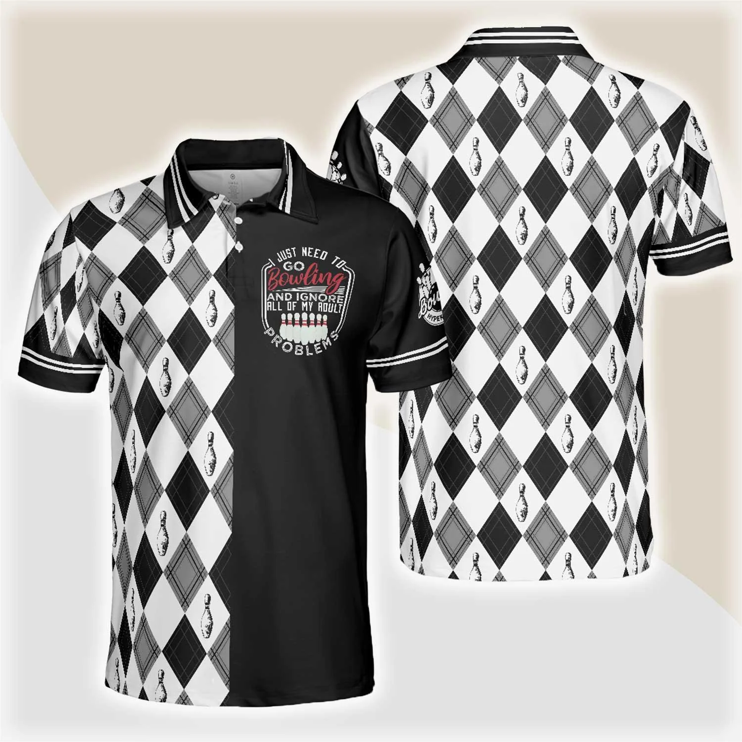 Bowling Men Polo Shirt - I Just Need To Go Bowling Polo Shirt, Black And White Argyle Pattern Bowling Polo Shirt - Gift For Friend, Family, Bowling Lovers