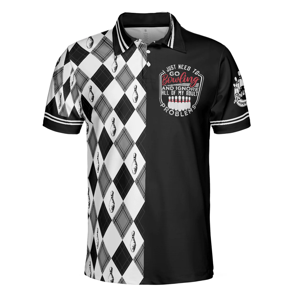 Bowling Men Polo Shirt - I Just Need To Go Bowling Polo Shirt, Black And White Argyle Pattern Bowling Polo Shirt - Gift For Friend, Family, Bowling Lovers - Image 3