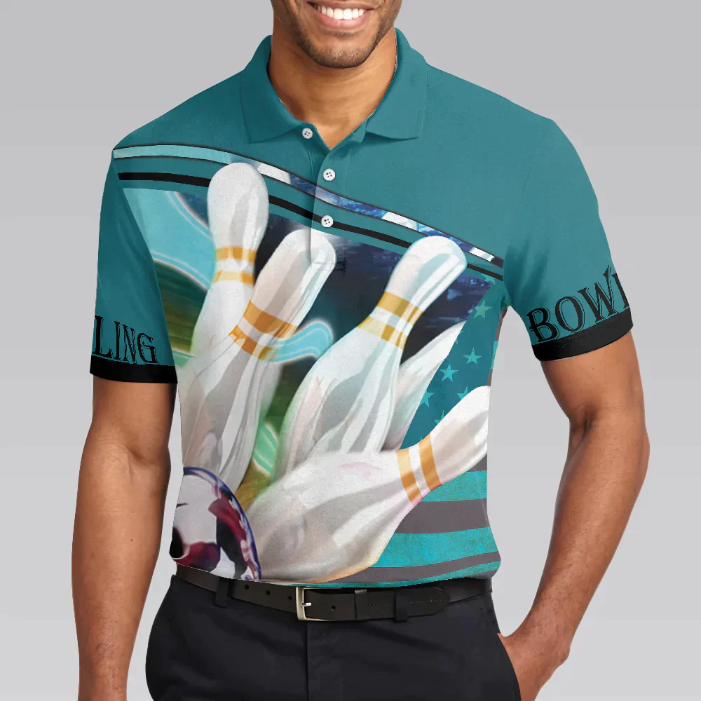 Bowling Men Polo Shirt - Love Bowling Polo Shirt, Blue American Flag Bowling Polo Shirt - Gift For Friend, Family, Bowling Lovers - Image 3