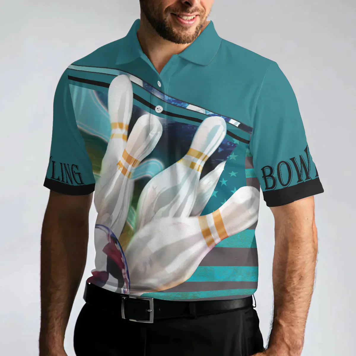 Bowling Men Polo Shirt - Love Bowling Polo Shirt, Blue American Flag Bowling Polo Shirt - Gift For Friend, Family, Bowling Lovers - Image 6
