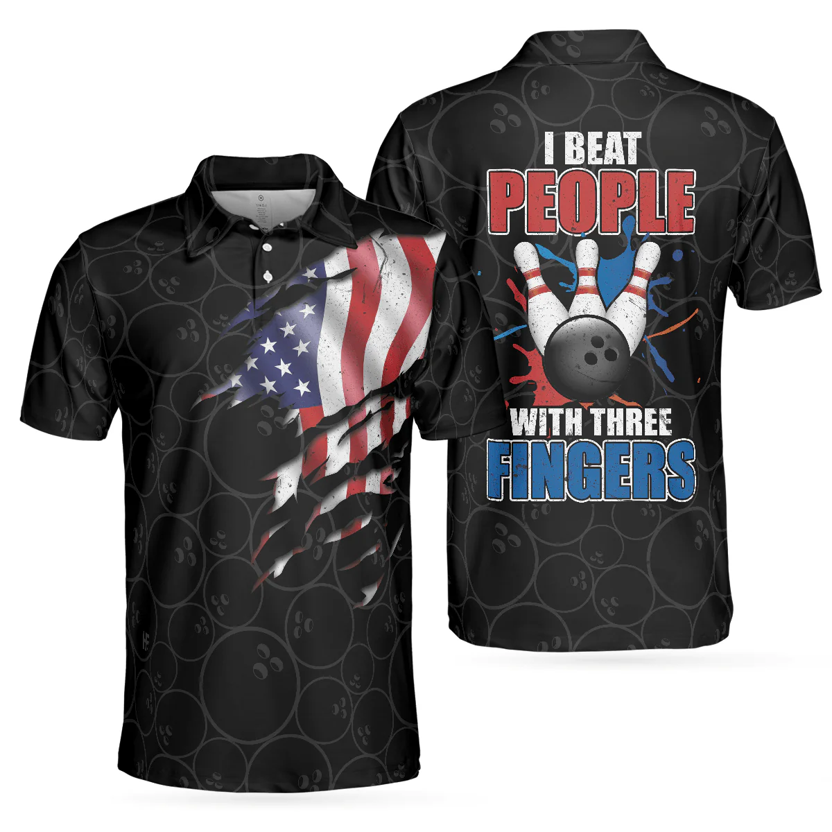 Bowling Men Polo Shirt - Three Fingers Bowling Polo Shirt, Black Bowling American Flag Bowling Polo Shirt - Gift For Friend, Family, Bowling Lovers - Image 2