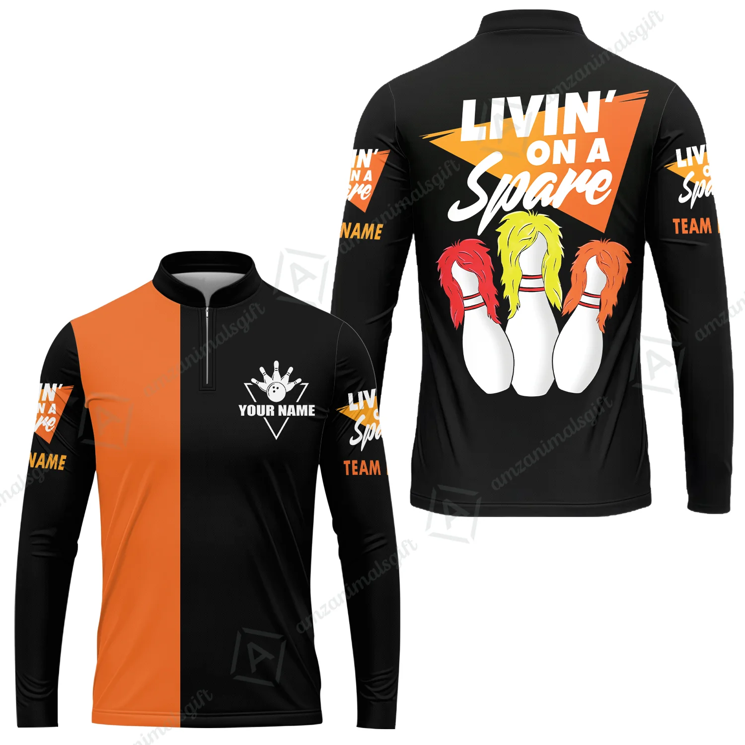 Bowling Men's Long Sleeve Jersey Shirt Custom Name - Bowling Livin' On A Spare Personalized Bowling Long Sleeve Polo Shirt - Image 3