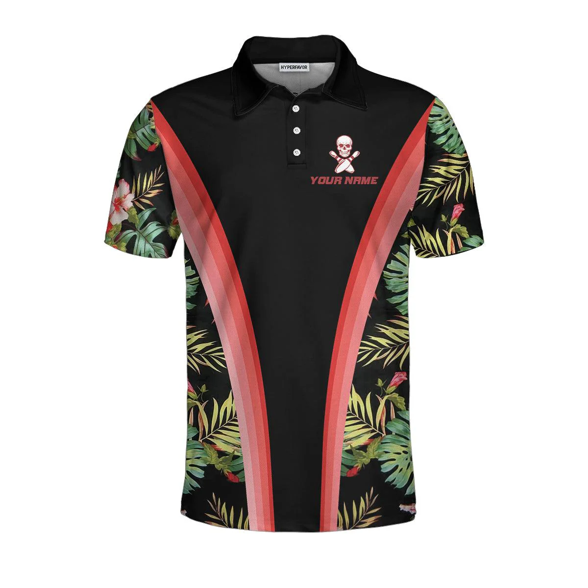 Bowling Skull Tropical Flower Custom Name Polo Shirts, Skull Floral Bowling Polo Shirt For Men Bowlers, Cool Tropical Polo Shirts - Image 2