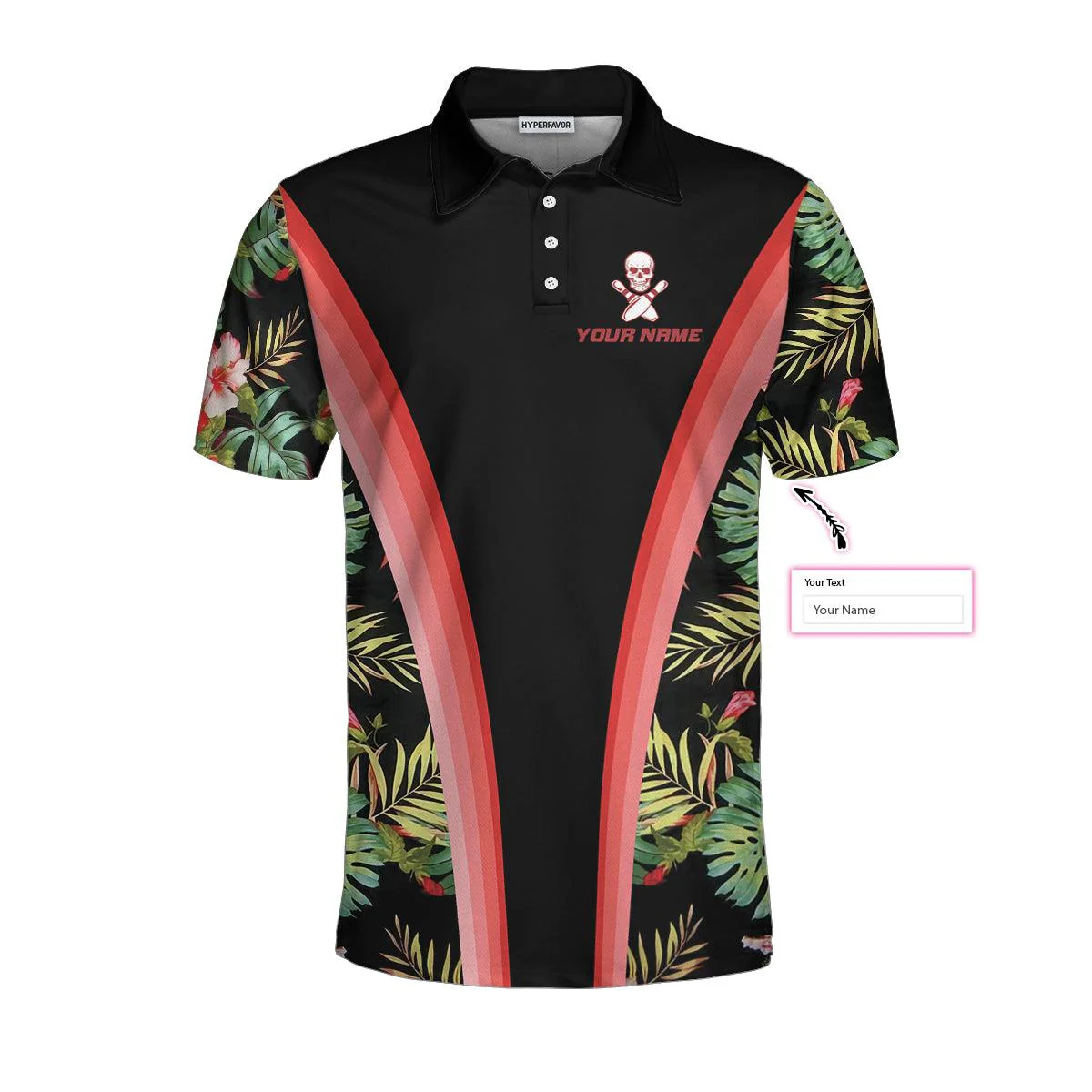 Bowling Skull Tropical Flower Custom Name Polo Shirts, Skull Floral Bowling Polo Shirt For Men Bowlers, Cool Tropical Polo Shirts - Image 4