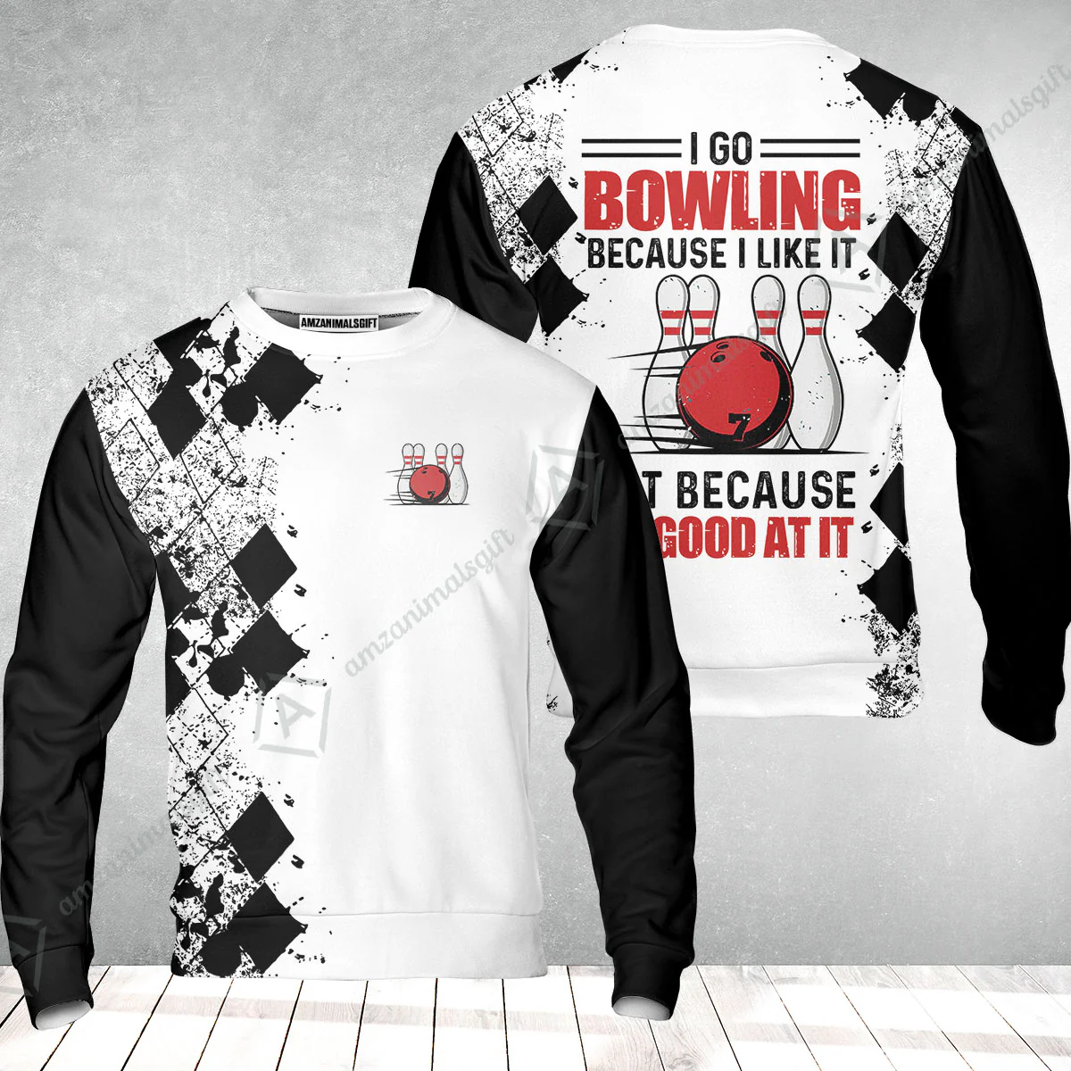 Bowling Sweatshirt - I Go Bowling Because I Like It Sweatshirt, Black Argyle Pattern Shirt Design, Best Bowling Shirt - Image 2