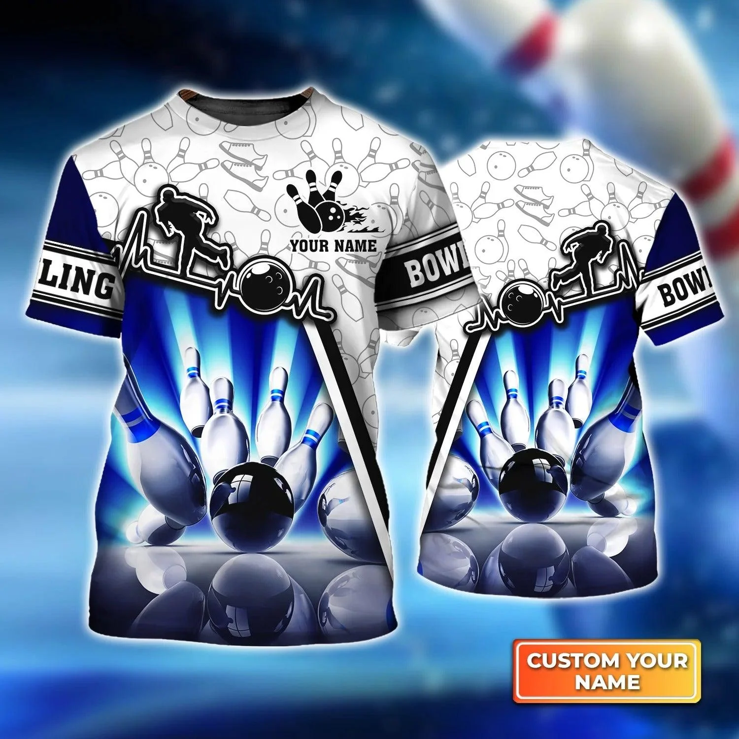 Bowling T shirt Custom Name - Blue Neonlights Bowling Personalized T-shirt - Gift For Friend, Family, Bowling Lovers