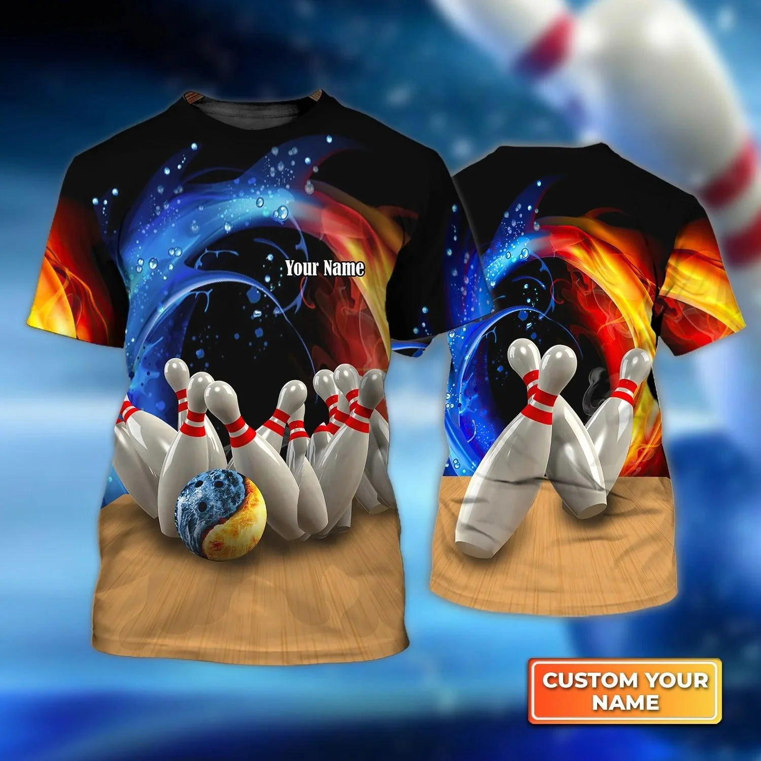 Bowling T shirt Custom Name - Bowling Game Strike Water and Fire Personalized T-shirt - Gift For Friend, Family, Bowling Lovers