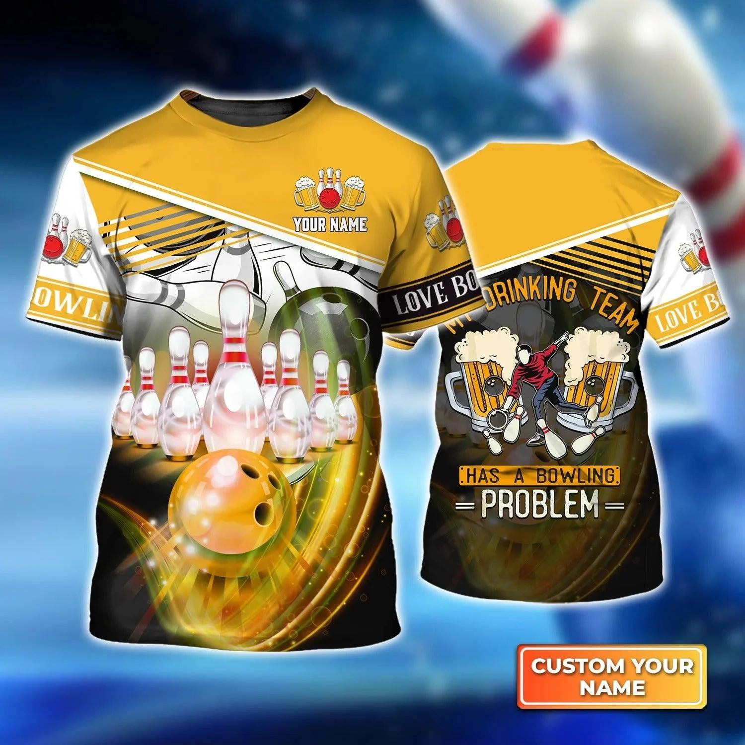 Bowling T shirt Custom Name - My Drinking Team Yellow Bowling Ball Crashing Into Pins Personalized T-shirt - Gift For Friend, Family, Bowling Lovers