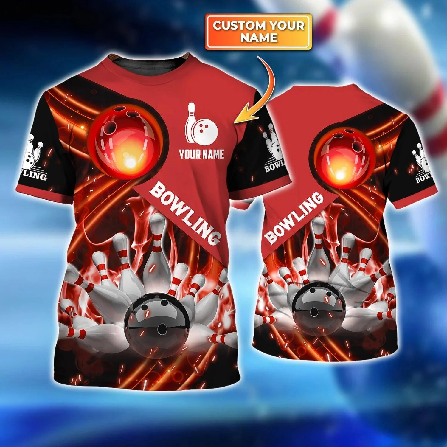 Bowling T shirt Custom Name - Red Bowling Ball In Fire Personalized T-shirt - Gift For Friend, Family, Bowling Lovers - Image 2