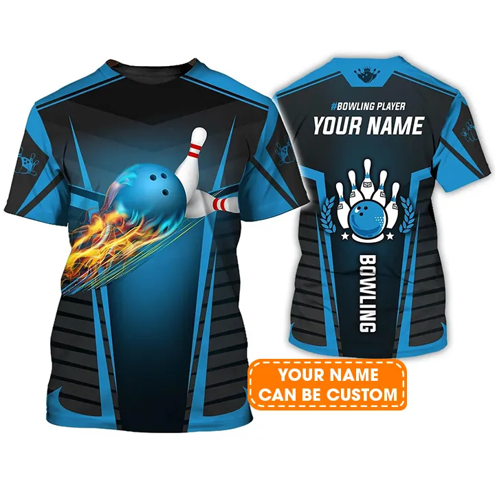 Bowling T shirt Custom Name - The Blue Bowling Ball in Flames Breaks White Skittles Personalized T-shirt - Gift For Friend, Family, Bowling Lovers - Image 2