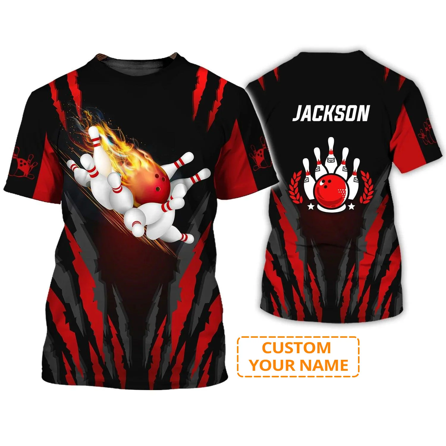 Bowling T shirt Custom Name - The Red Bowling Ball in Flames Breaks White Skittles Personalized T-shirt - Gift For Friend, Family, Bowling Lovers - Image 2
