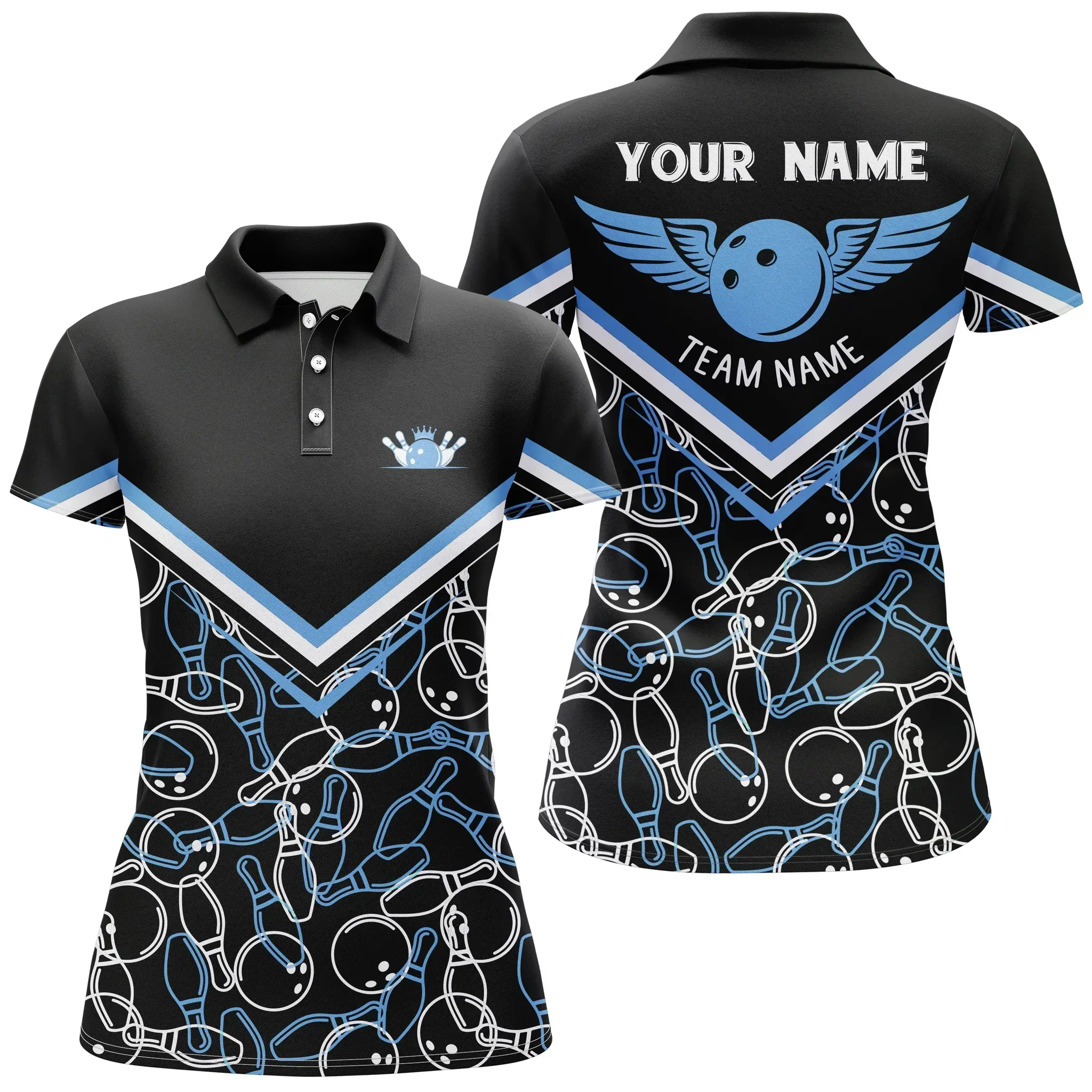 Bowling Women Polo Shirt Custom Name - Black Blue Bowling Girl Personalized Bowling Polo Shirt - Gift For Friend, Family, Bowling Lovers - Image 2