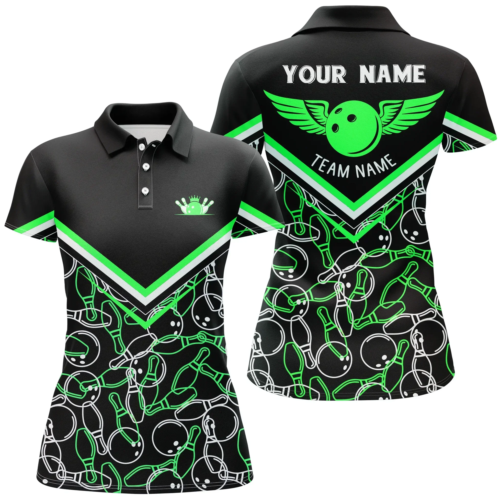 Bowling Women Polo Shirt Custom Name - Black Green Bowling Girl Personalized Bowling Polo Shirt - Gift For Friend, Family, Bowling Lovers - Image 2