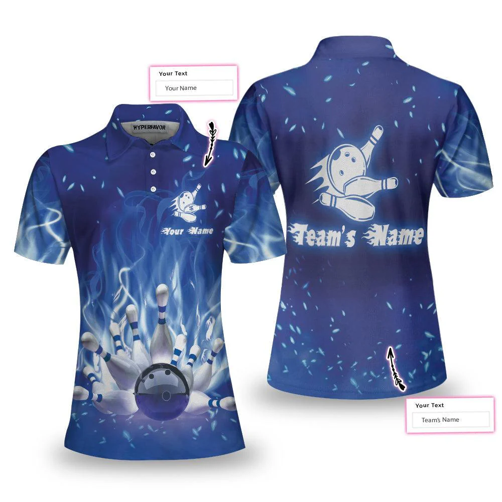 Bowling Women Polo Shirt Custom Name - Bowling On Blue Fire Bowling Polo Shirt - Gift For Wife, Family, Bowling Lovers
