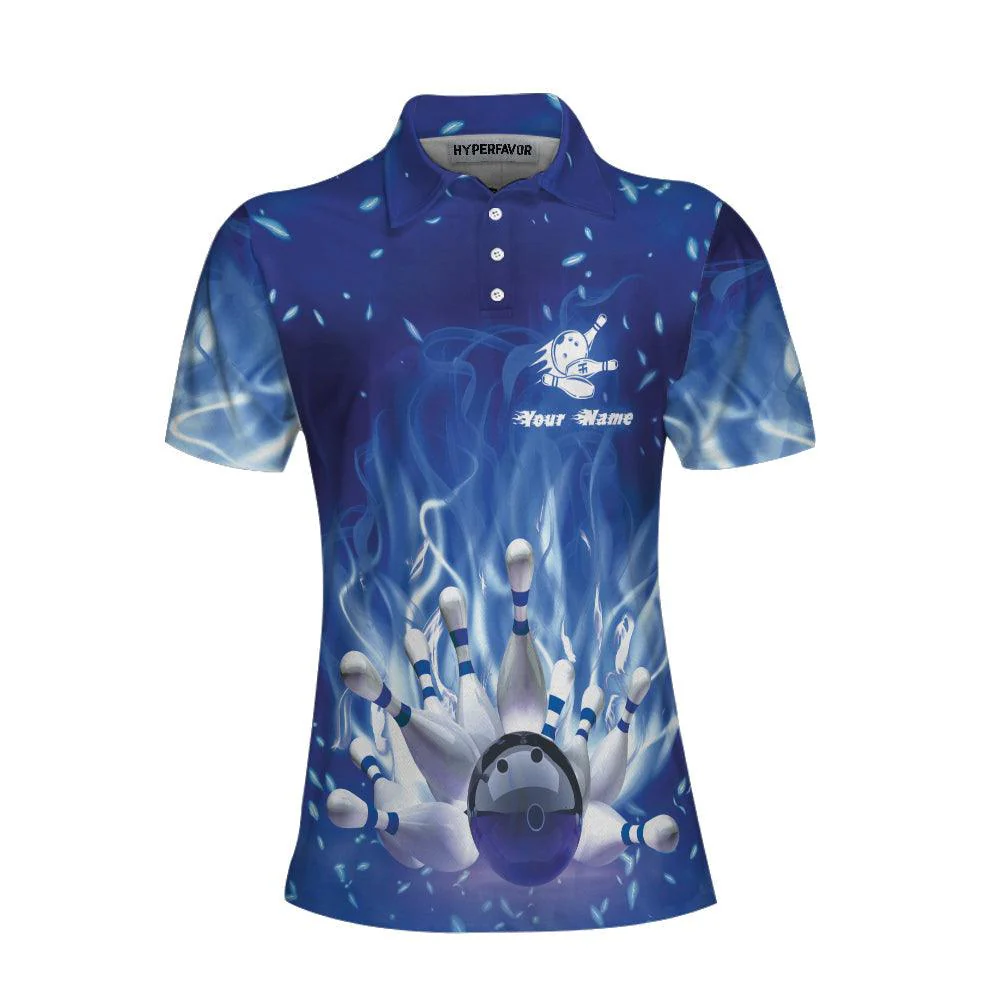 Bowling Women Polo Shirt Custom Name - Bowling On Blue Fire Bowling Polo Shirt - Gift For Wife, Family, Bowling Lovers - Image 3