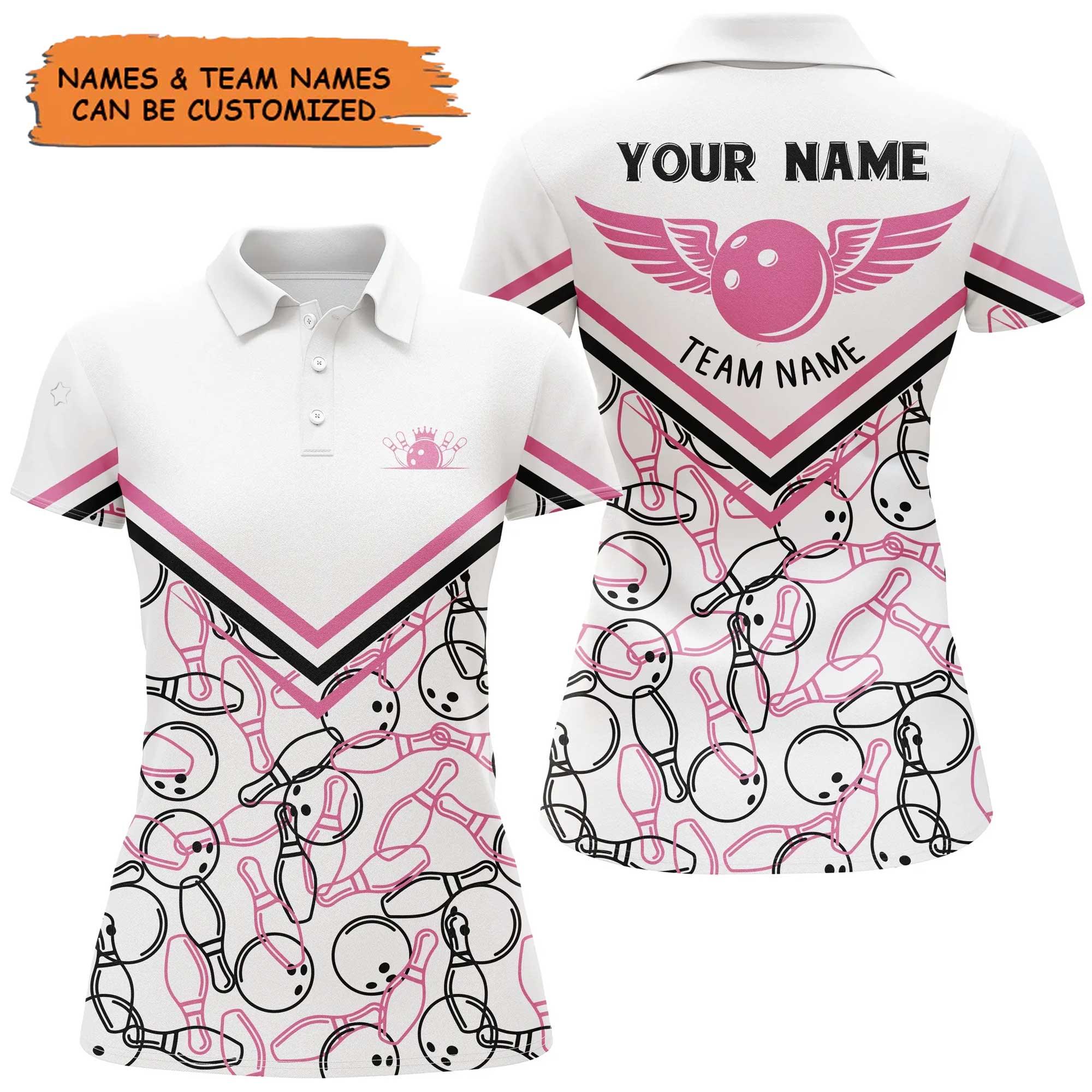 Bowling Women Polo Shirt Custom Name - Bowling White Pink Personalized Bowling Polo Shirt - Gift For Friend, Family, Bowling Lovers