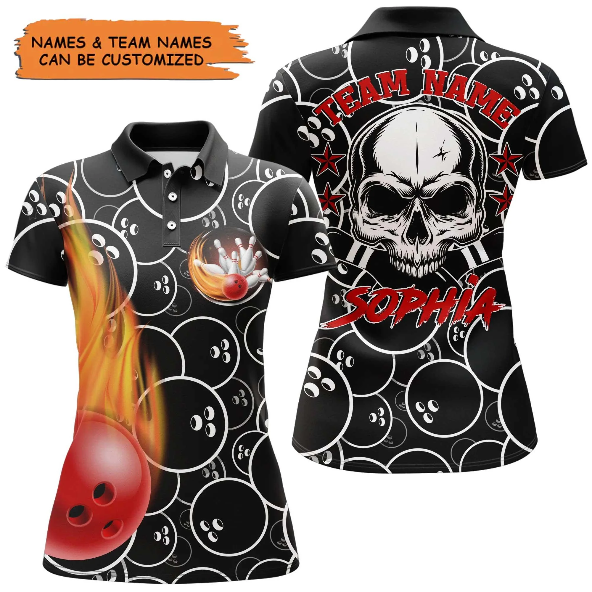 Bowling Women Polo Shirt Custom Name - Cool Skull Pins Black Bowling Personalized Bowling Polo Shirt - Gift For Friend, Family, Bowling Lovers