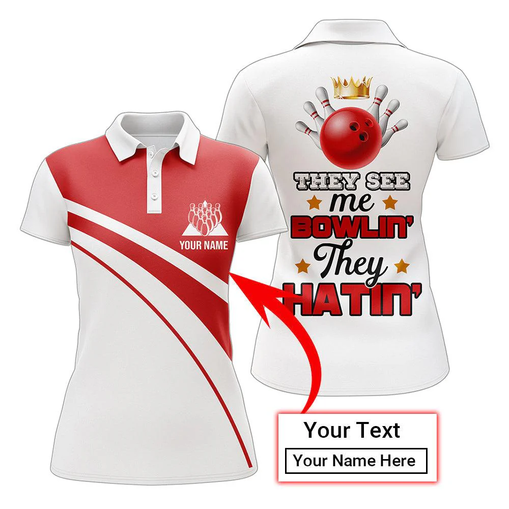 Bowling Women Polo Shirt Custom Name - Red And White Bowling Personalized Bowling Polo Shirt - Gift For Friend, Family, Bowling Lovers