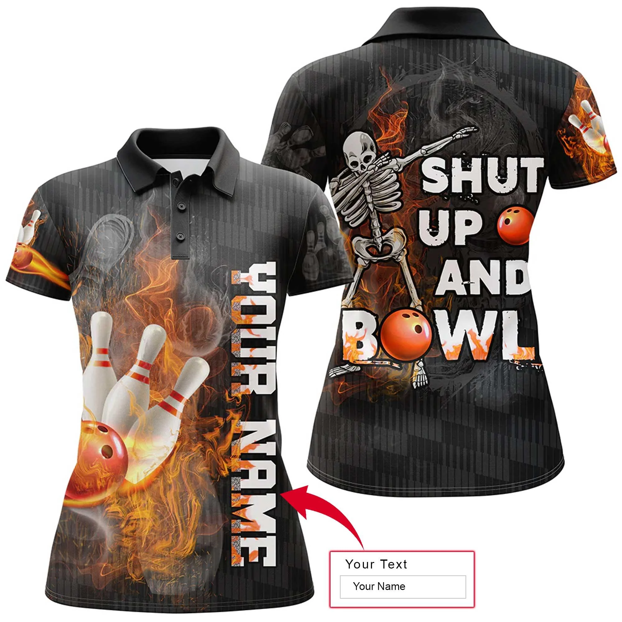 Bowling Women Polo Shirt Custom Name - Shut Up and Bowl, Flame Skull Bowling Personalized Bowling Polo Shirt - Gift For Friend, Family, Bowling Lovers