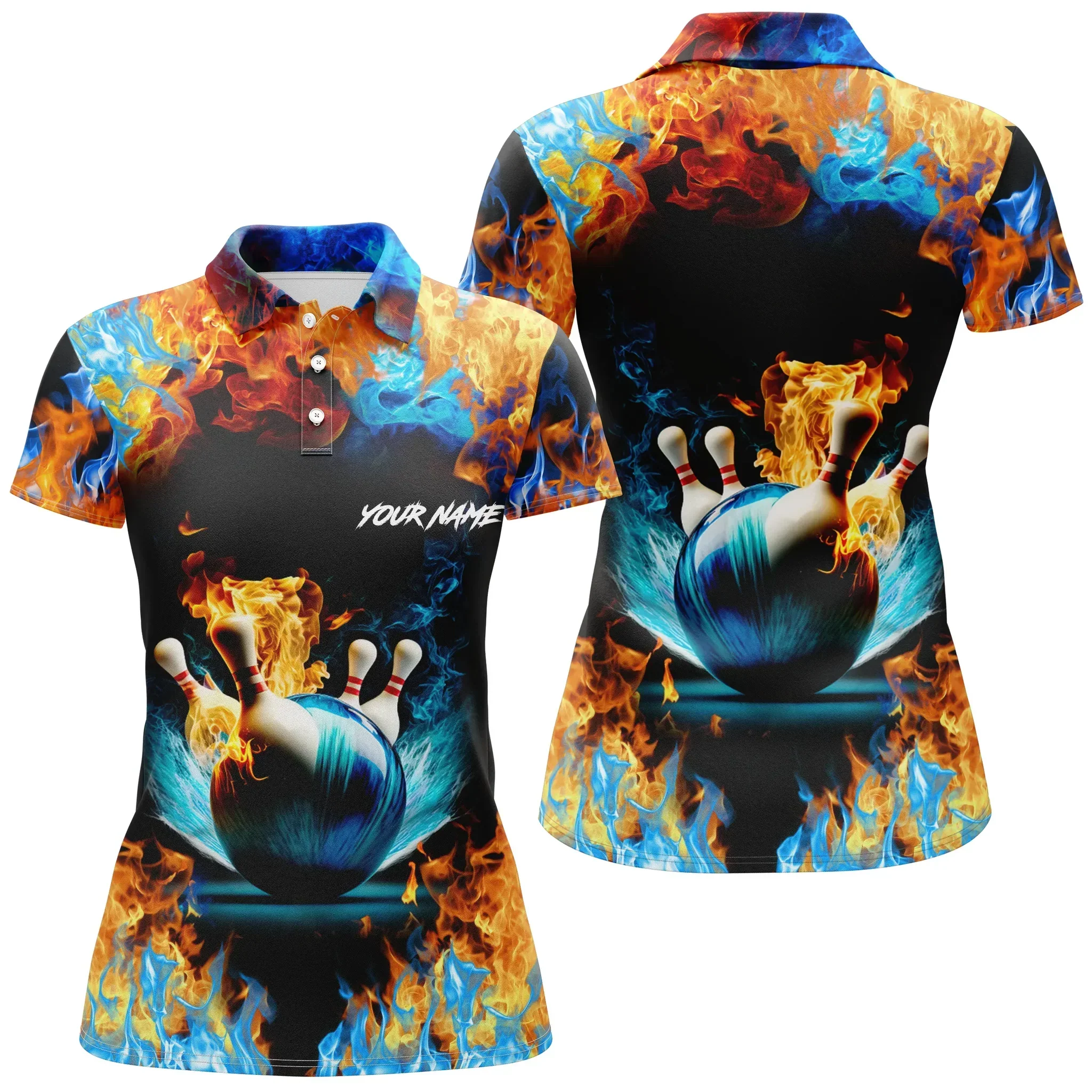 Bowling Women Polo Shirt Custom Name - Water Fire Background Personalized Bowling Polo Shirt - Gift For Friend, Family, Bowling Lovers - Image 2