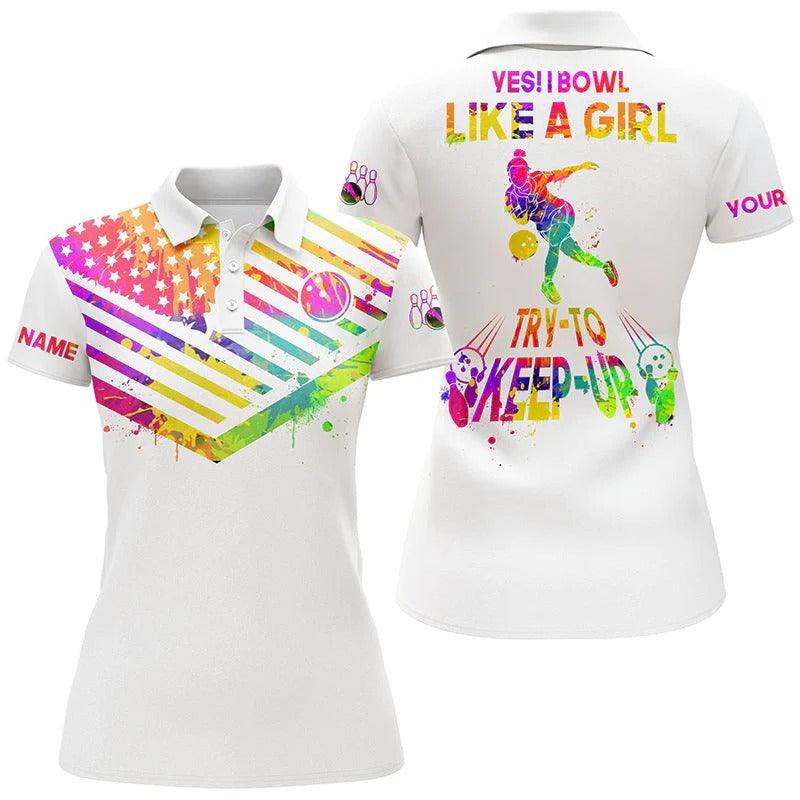 Bowling Women Polo Shirt Custom Name - Watercolor American Flag Personalized Bowling Polo Shirt - Gift For Friend, Family, Bowling Lovers