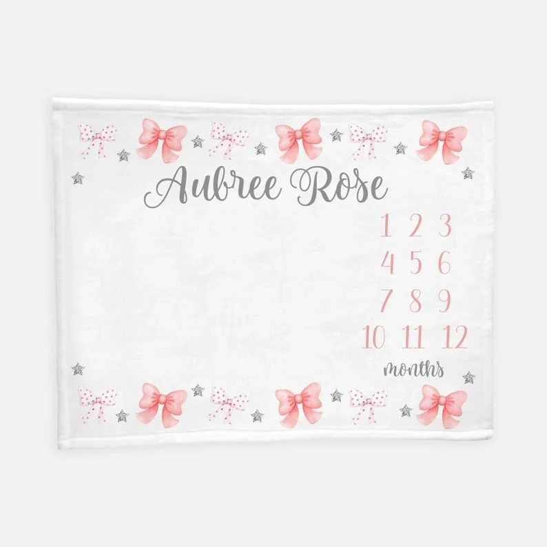 Bows and Stars Baby Milestone Blanket With Customized Name For Baby Girl Nursery, Daughter, Granddaughter, Month Gifts