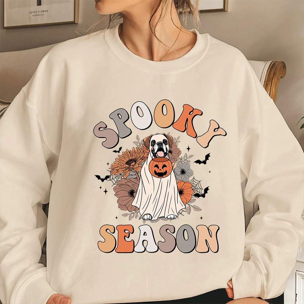 Boxer Spooky Season Sweatshirt, Ghost Boxer Shirt, Boxer Halloween Sweatshirt, Spooky Season Dog Shirt, Halloween Dog Shirt - Image 4