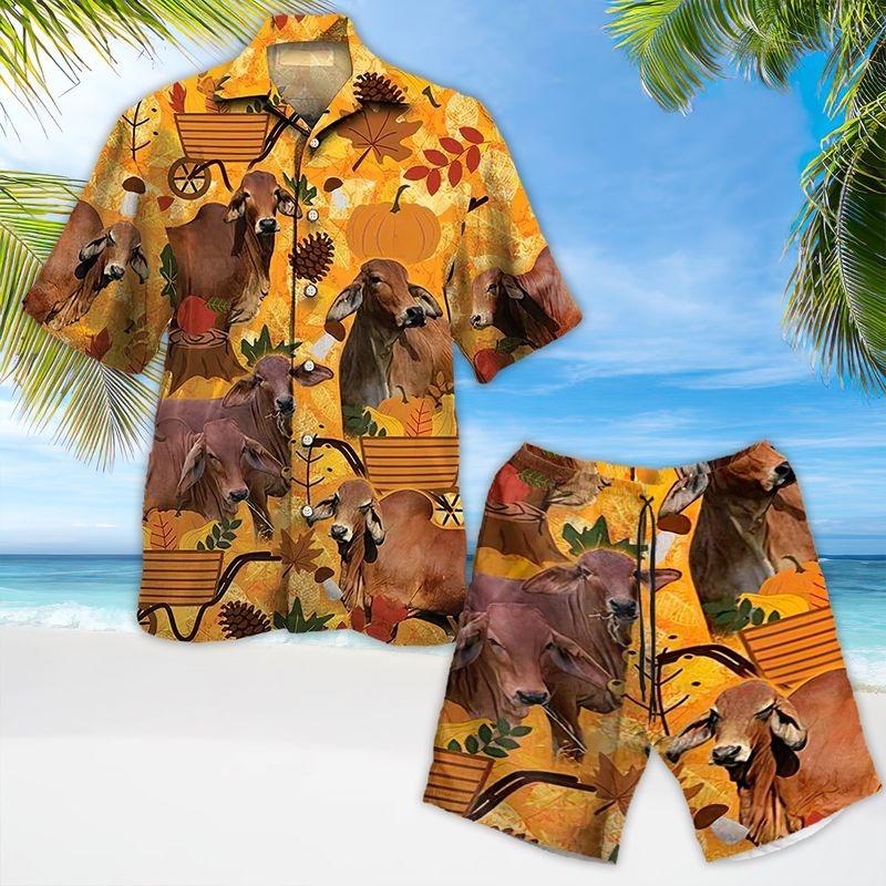 Brown Cow Aloha Hawaiian Shirt - Autumn Pumpkin Hawaiian Shirt, Autumn Leaves Hawaiian Shirt For Men & Women, Cow Lover