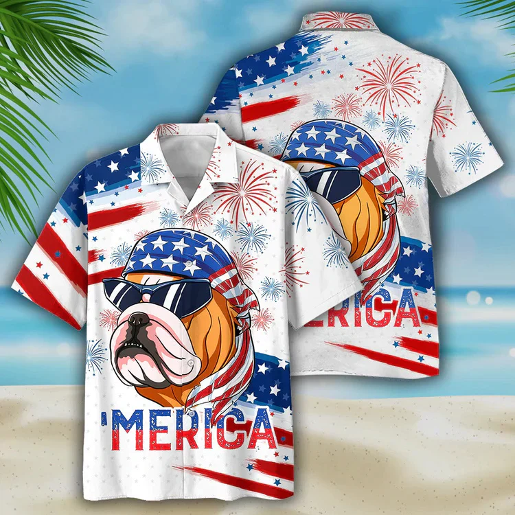 Bulldog Aloha Hawaiian Shirts For Summer, Funny Dog Merica Independence Day USA Flag Hawaiian Shirt For Men Women, 4th of July Gift For Dog Lovers - Image 2