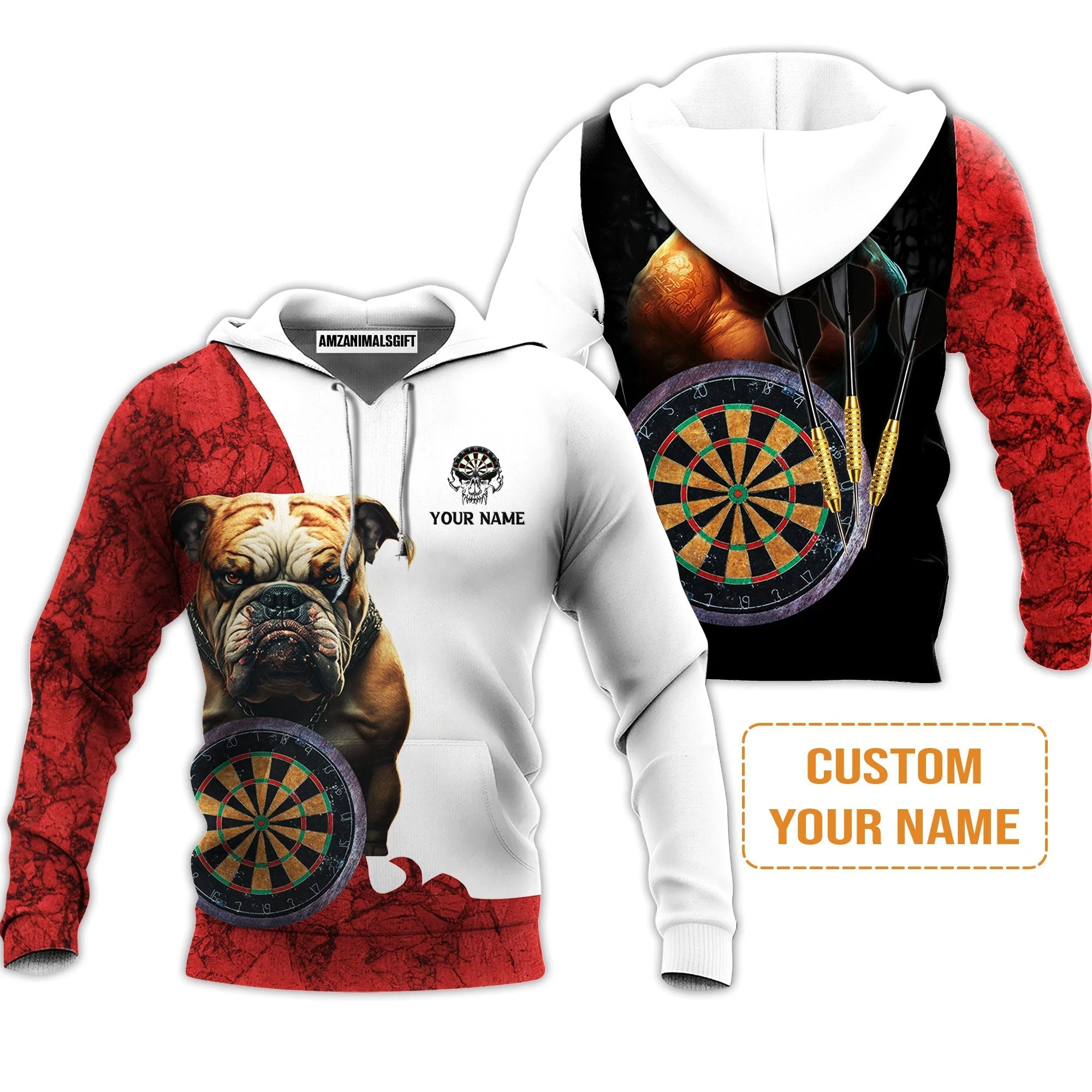 Bulldog And Darts Custom Name Hoodie, Bullseye Dartboard Personalized Hoodie - Gift For Darts Lovers, Friends, Team, Dog Lovers - Image 2