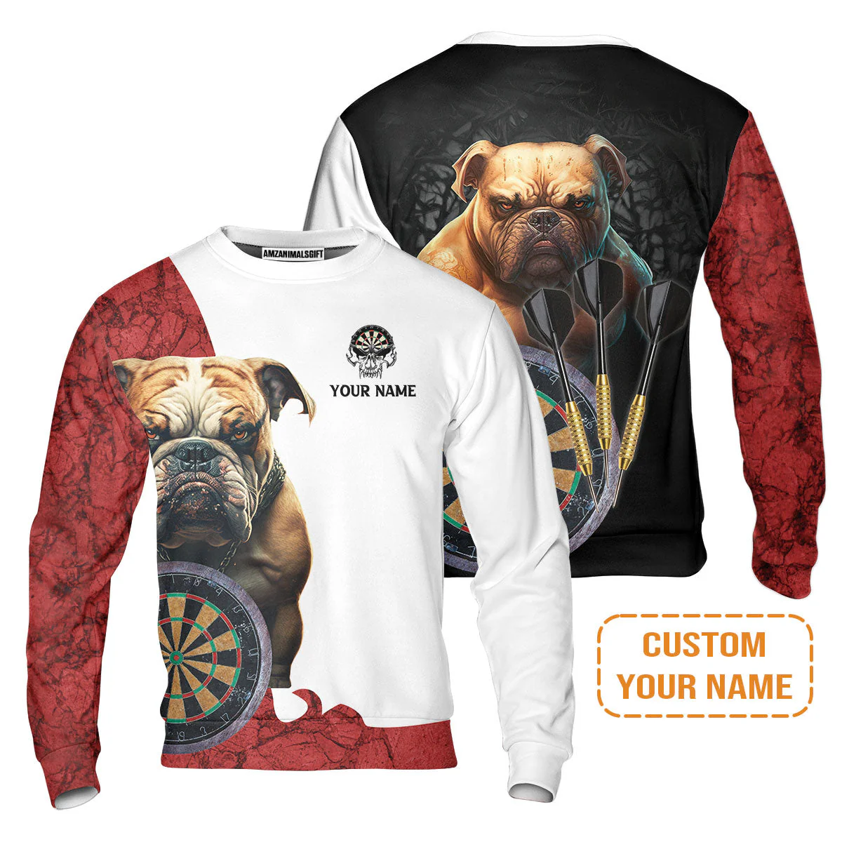 Bulldog And Darts Custom Name Sweatshirt, Bullseye Dartboard Personalized Sweatshirt - Gift For Darts Lovers, Friends, Team, Dog Lovers - Image 2