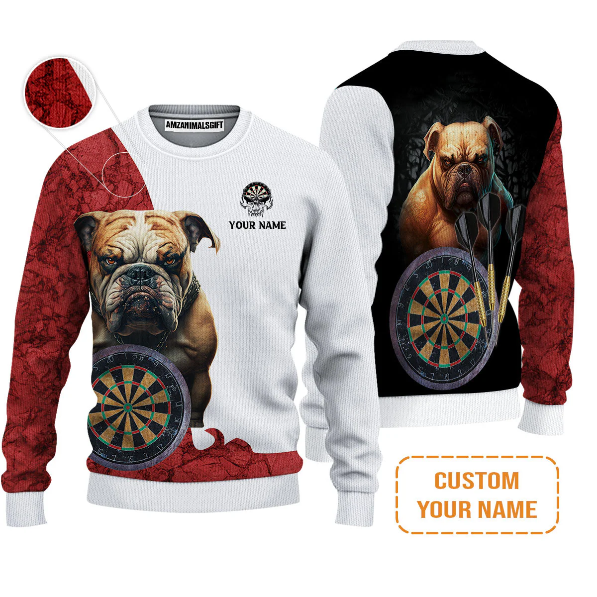 Bulldog And Darts Custom Name Sweatshirt, Bullseye Dartboard Personalized Sweatshirt - Gift For Darts Lovers, Friends, Team, Dog Lovers - Image 4