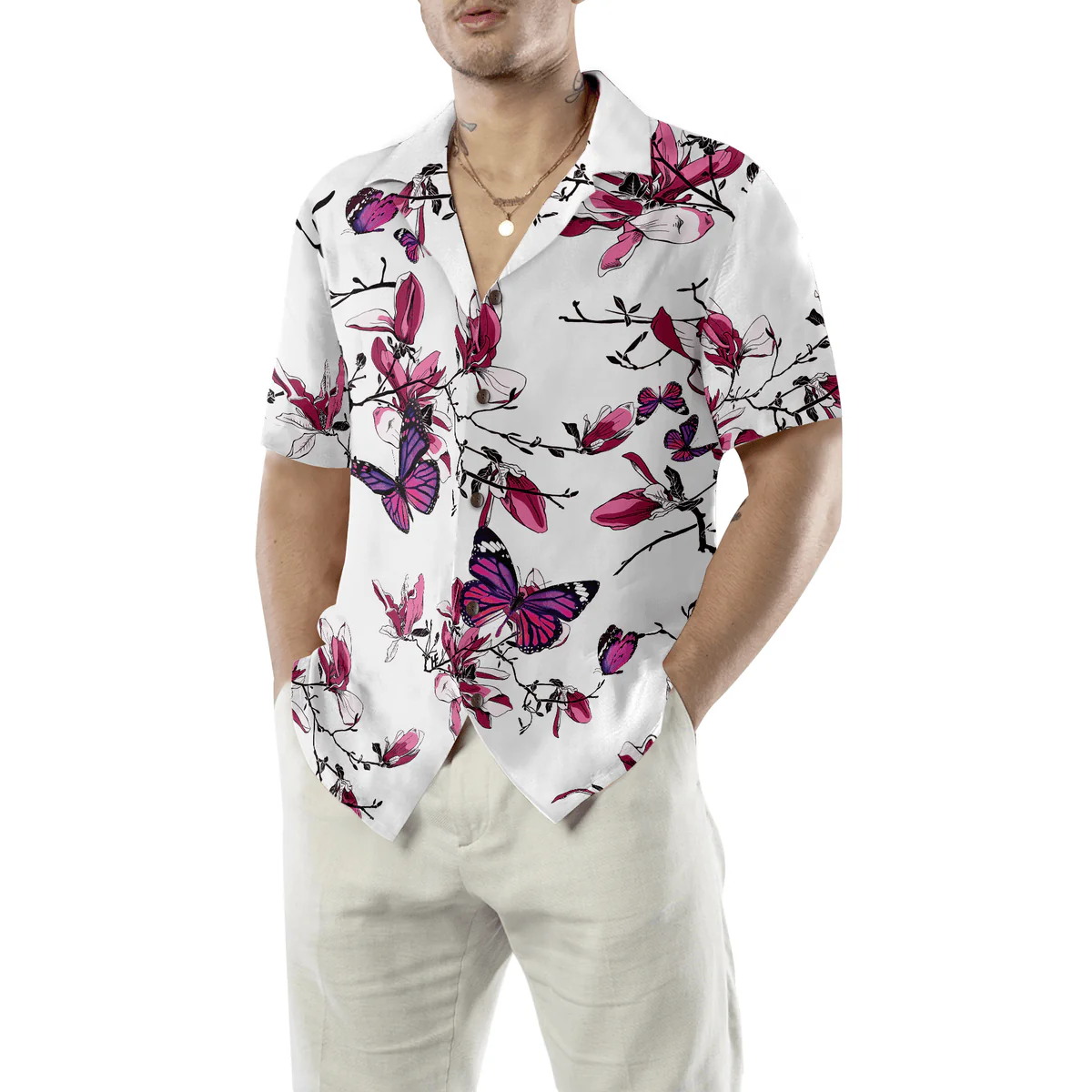 Butterfly Hawaiian Shirt, Tropical Flowers,  Floral Butterfly Pattern Aloha Shirt For Men - Perfect Gift For Husband, Boyfriend, Friend, Family - Image 5