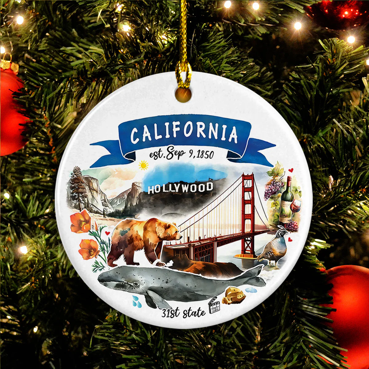California State Ceramic Christmas Ornament - California State Themes And Landmarks Circle Ceramic Ornament, Perfect Gift For Christmas - Image 2