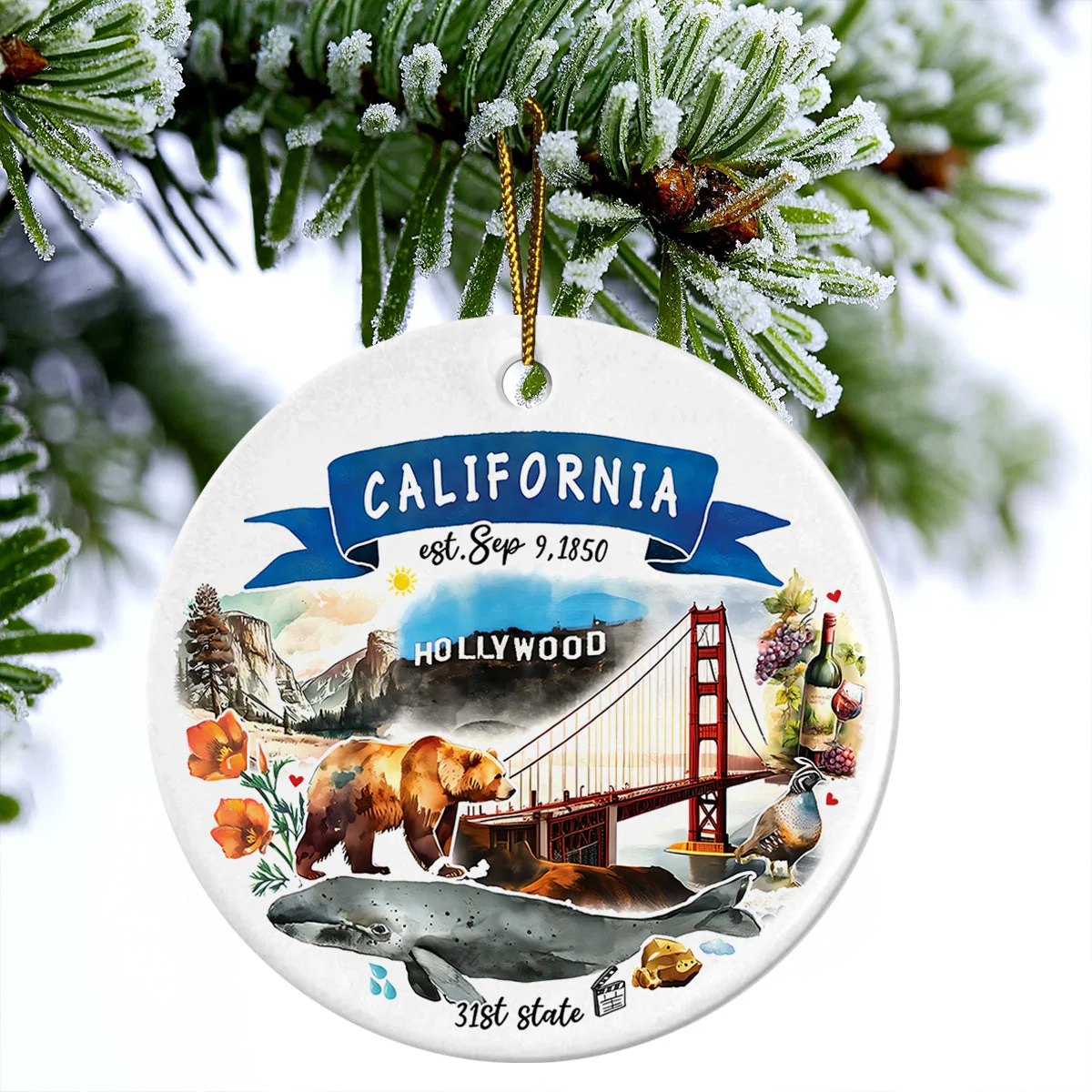 California State Ceramic Christmas Ornament - California State Themes And Landmarks Circle Ceramic Ornament, Perfect Gift For Christmas - Image 3