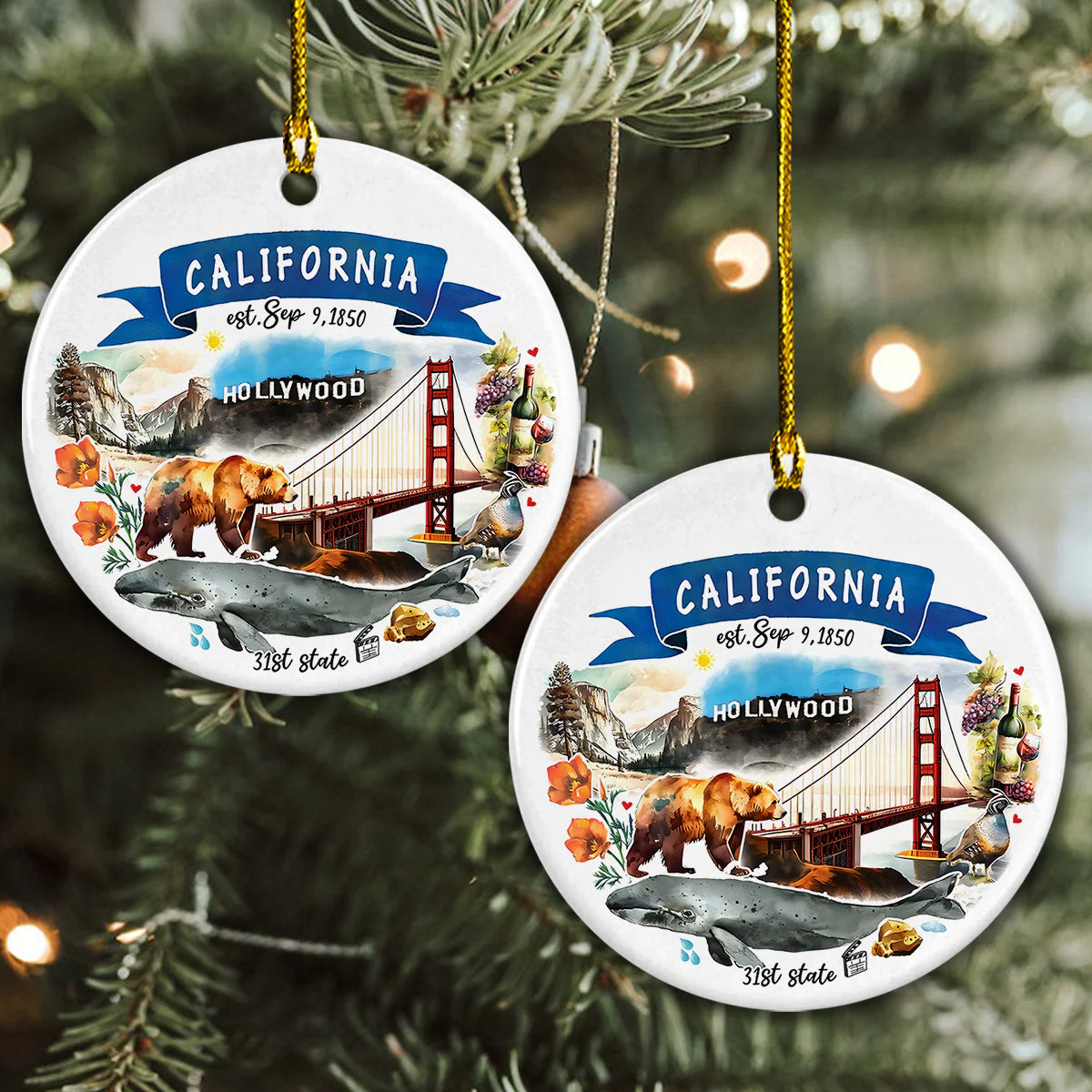 California State Ceramic Christmas Ornament - California State Themes And Landmarks Circle Ceramic Ornament, Perfect Gift For Christmas - Image 4