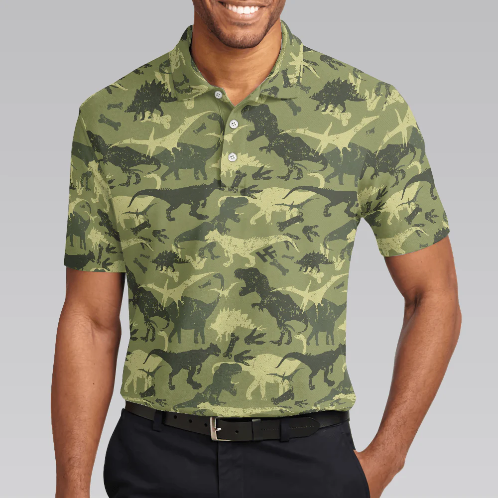 Camouflage Dinosaur Pattern Short Sleeve Polo Shirt, Camo Military Polo Shirt, Best Dinosaur Shirt For Men, Gift for Men - Image 5