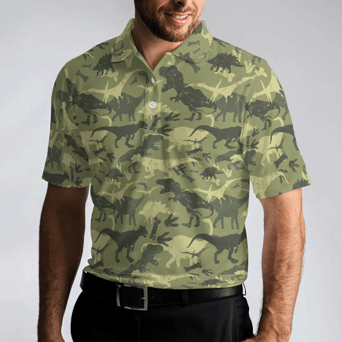 Camouflage Dinosaur Pattern Short Sleeve Polo Shirt, Camo Military Polo Shirt, Best Dinosaur Shirt For Men, Gift for Men - Image 6