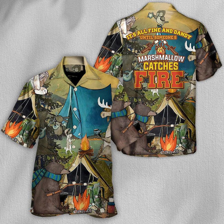 Camping Aloha Shirt, Camping Funny Art Hawaiian Shirt For Summer, Marshmallow Catches Fire Aloha Shirt - Perfect Gift For Men, Women, Camping Lover