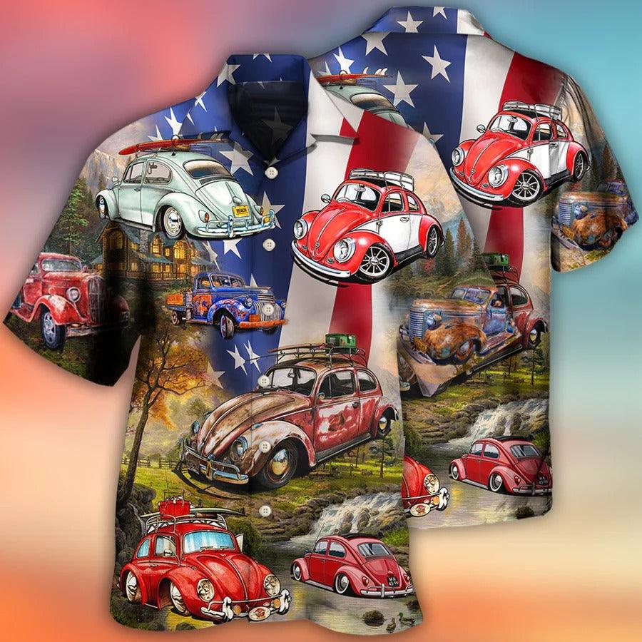 Camping Hawaiian Shirt, Camping Ladybug Car, Camping Independence Day American Flag Aloha Shirt For Men And Women - Perfect Gift For Camping Lovers