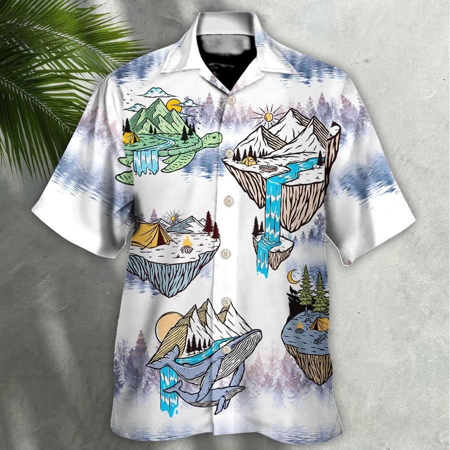 Camping Hawaiian Shirt, Camping Turtle And Shark Hawaiian Shirt, Camping Funny Aloha Shirt- Perfect Gift For Men, Women, Camping Lover, Friend, Family