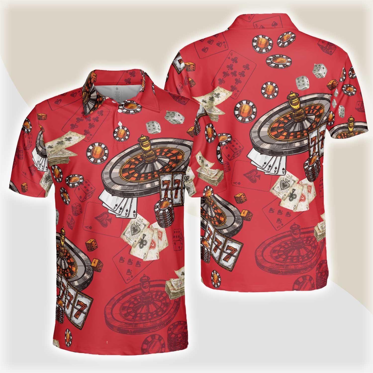 Casino Pattern Red Short Sleeve Polo Shirt, Roulette Wheel Polo Shirt, Best Casino Shirt For Men