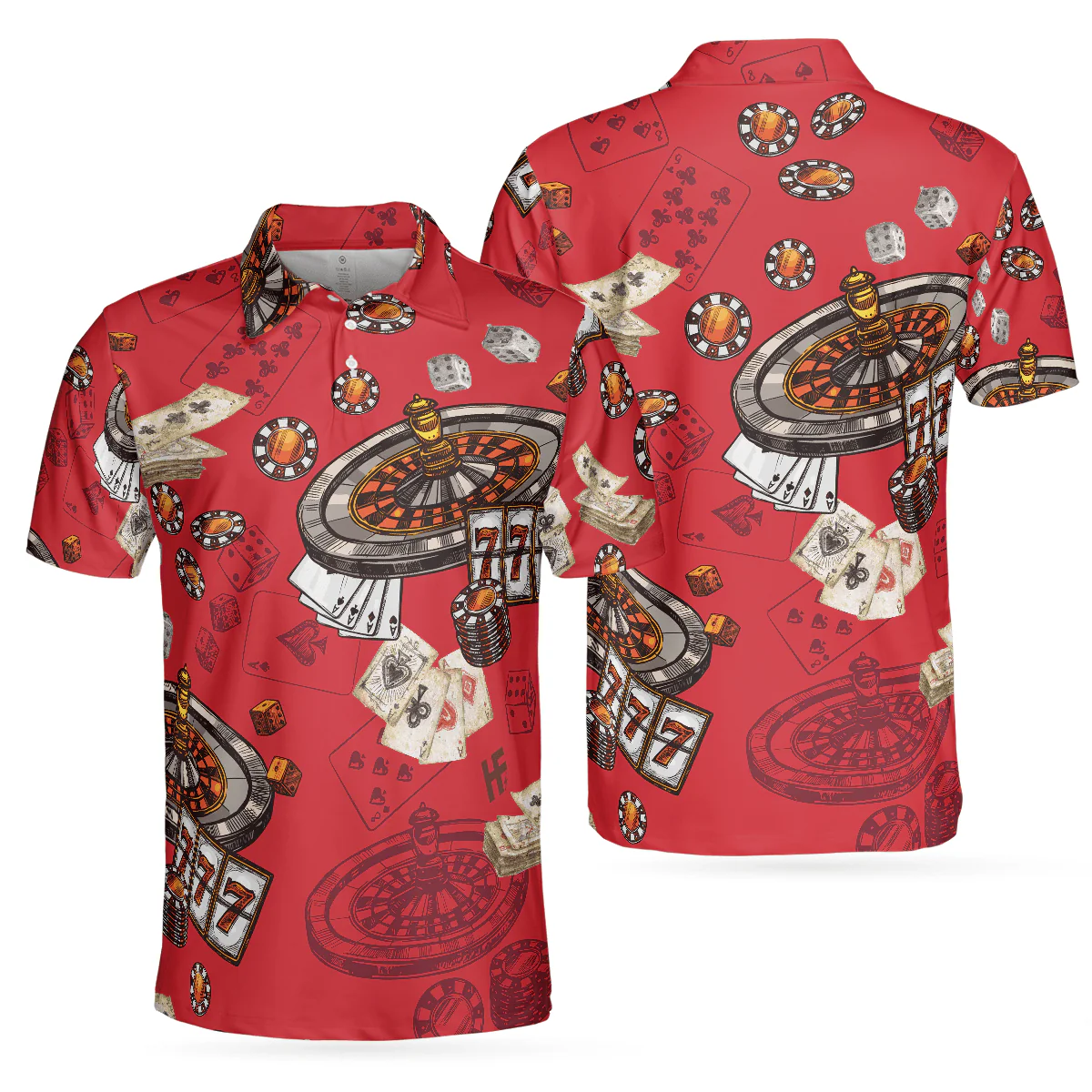 Casino Pattern Red Short Sleeve Polo Shirt, Roulette Wheel Polo Shirt, Best Casino Shirt For Men - Image 2