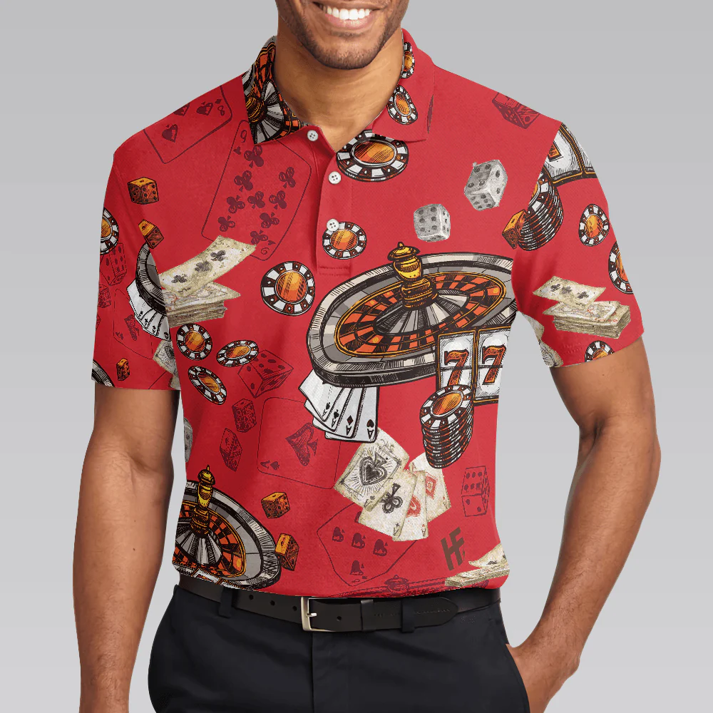 Casino Pattern Red Short Sleeve Polo Shirt, Roulette Wheel Polo Shirt, Best Casino Shirt For Men - Image 5