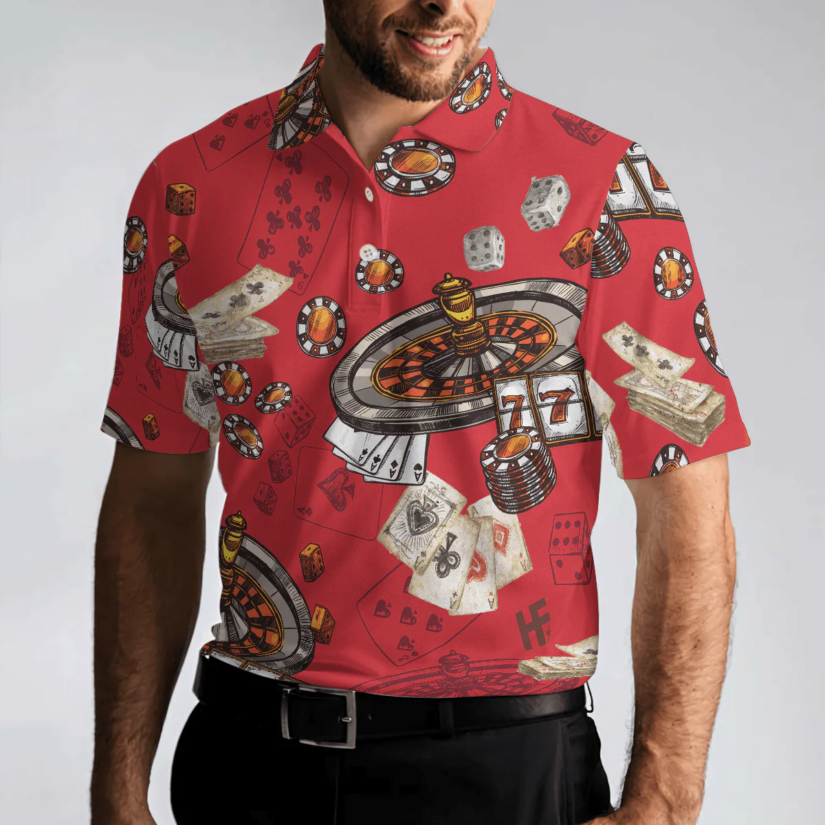Casino Pattern Red Short Sleeve Polo Shirt, Roulette Wheel Polo Shirt, Best Casino Shirt For Men - Image 6