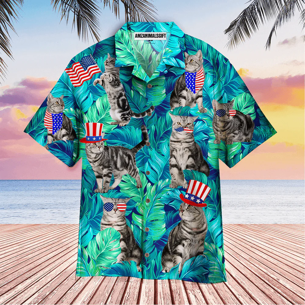 Cat 4th July Independence Day Palm Leaves Pattern Aloha Hawaiian Shirts For Men Women, USA Flag Hawaiian Shirt, Gift For Summer, Patriot, Cats Lover - Image 2
