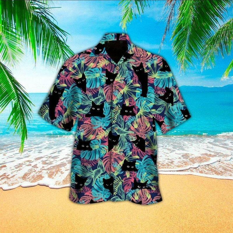 Cat Aloha Hawaiian Shirt - Black Kitten Hawaiian Shirt, Neon Tropical Pattern Backgruoud Hawaiian Shirt For Men & Women, Cat Lover